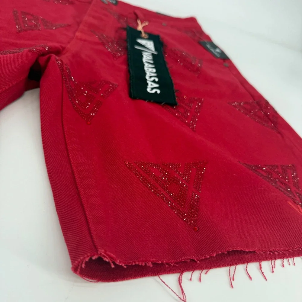 NWT Valabasas Palace Red Rhinestone Logo Denim Shorts Mens 34 Streetwear